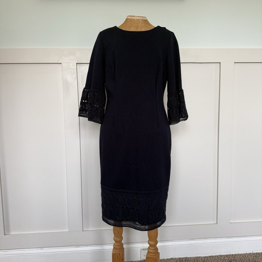 Talbots Dress 10 Navy Blue Lined Sheath Floral Lace Bell Sleeve Career Wedding
